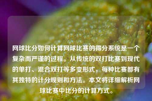 网球比分如何计算网球比赛的得分系统是一个复杂而严谨的过程。从传统的双打比赛到现代的单打、混合双打等多变形式，每种比赛都有其独特的计分规则和方法。本文将详细解析网球比赛中比分的计算方式。